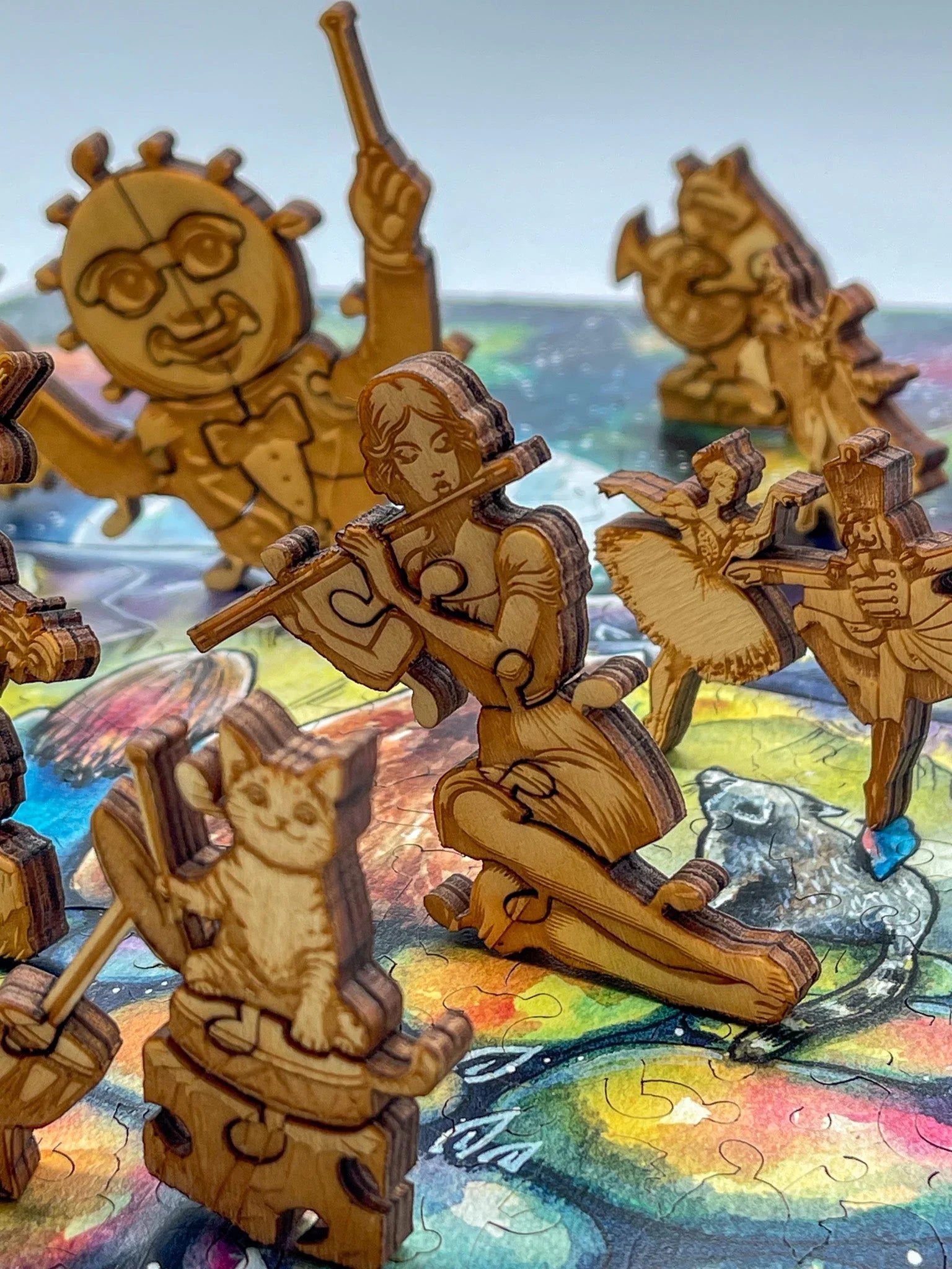 Wooden puzzle pieces shaped as musicians and animals on a colorful puzzle background