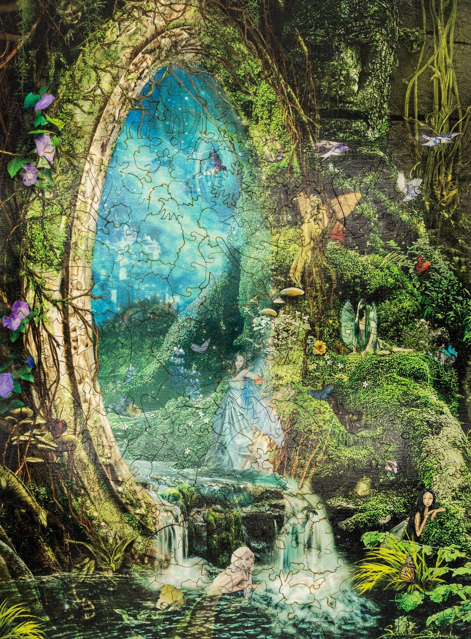 Fantasy fairy puzzle with magical portal, lush forest, waterfall, and fairies