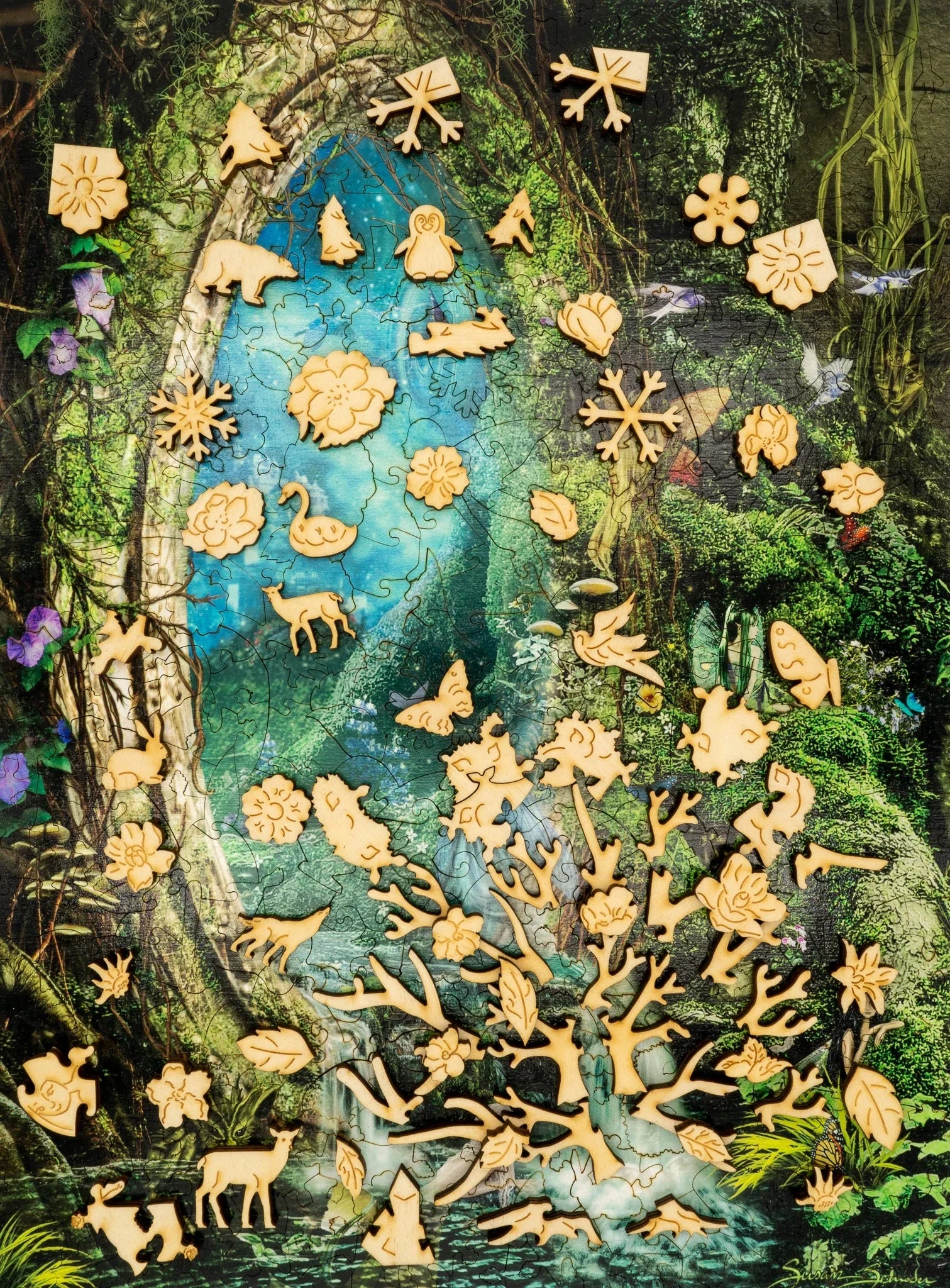 wooden whimsical puzzle pieces on fantasy forest background with blue portal