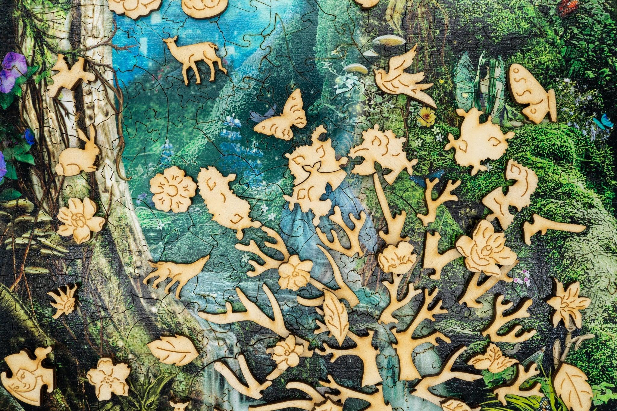Whimsical wooden puzzle pieces with animal and flower shapes on a colorful forest background
