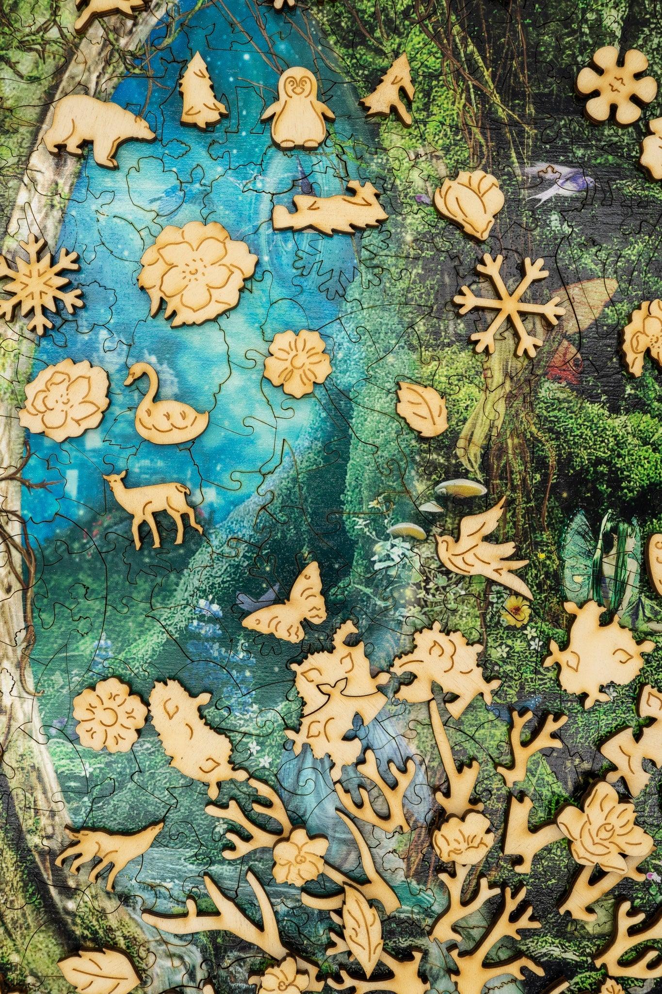 Wooden animal and flower puzzle pieces on a colorful nature-themed jigsaw puzzle