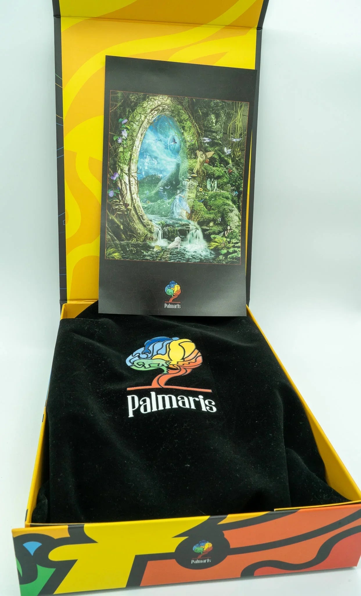 Palmaris gift box with black cover, colorful logo, and fantasy artwork inside lid