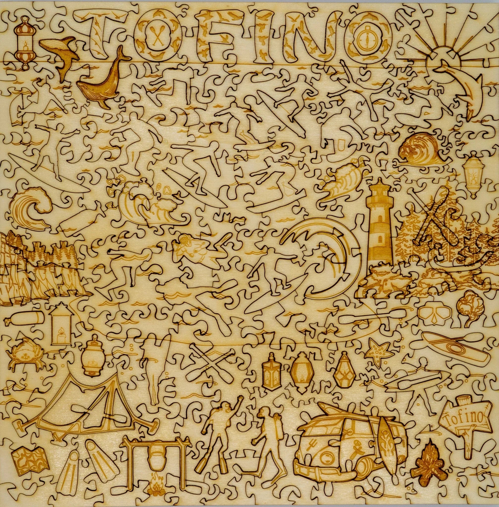 Tofino wooden puzzle with engraved surfers, lighthouse, VW van, waves, and outdoor scenes