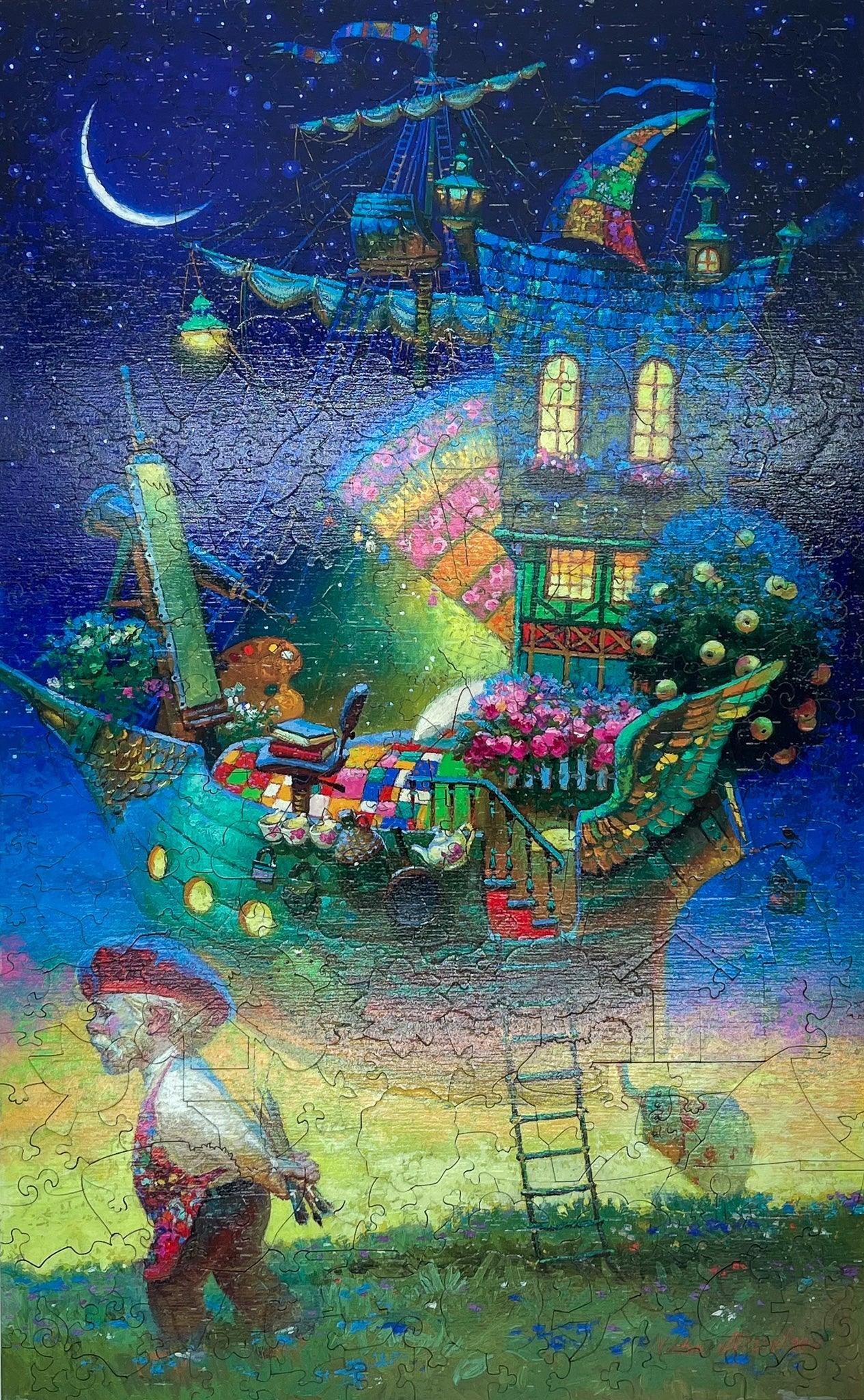 Whimsical floating houseboat in a starry night sky with crescent moon and a painter walking below