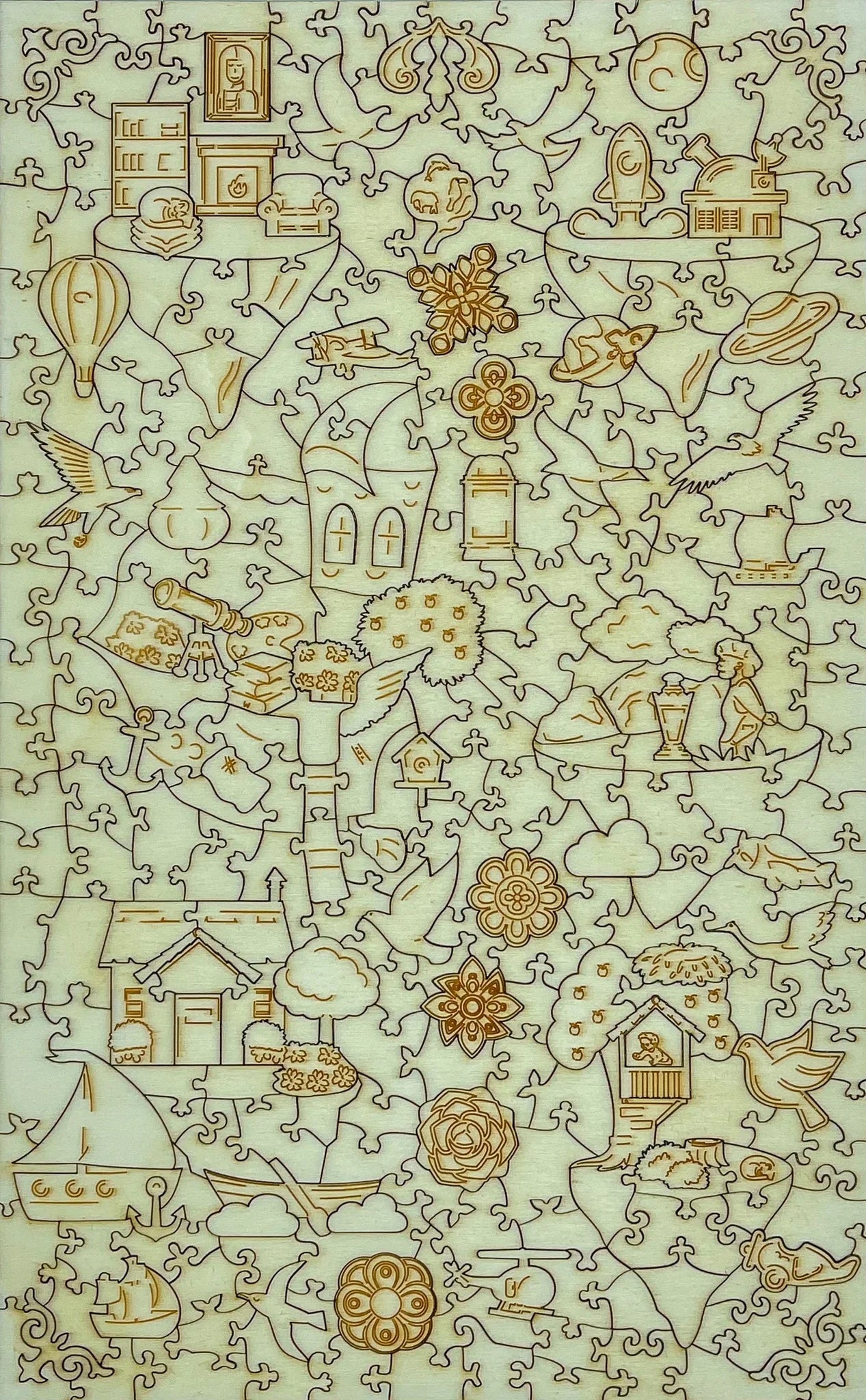 Wooden jigsaw puzzle with engraved whimsical shapes, flowers, houses, birds, and adventure icons