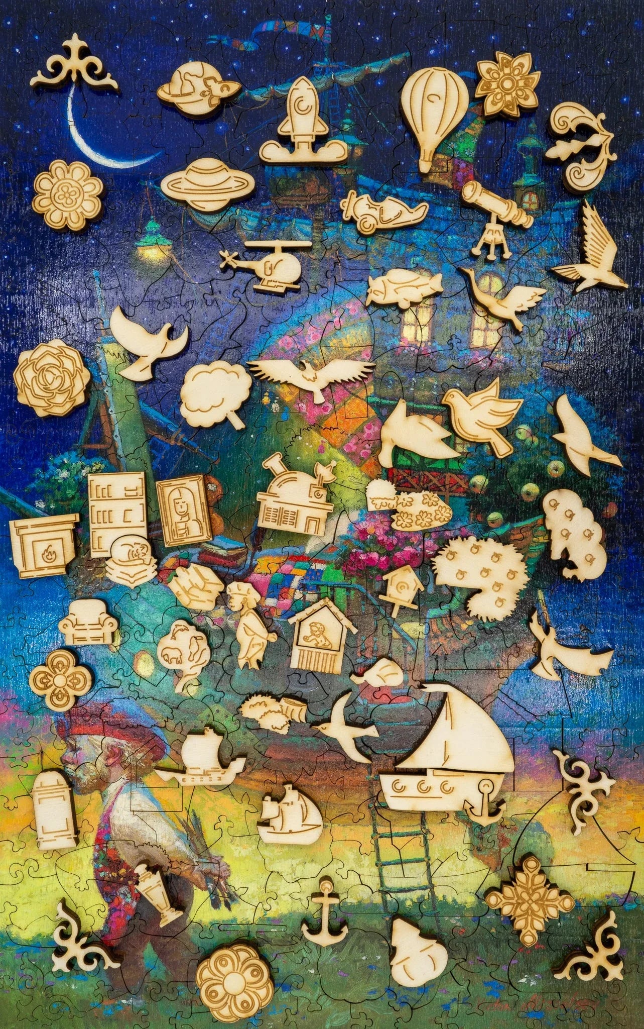 Wooden jigsaw puzzle pieces on a colorful fantasy painting background, featuring birds, ships, and whimsical shapes.
