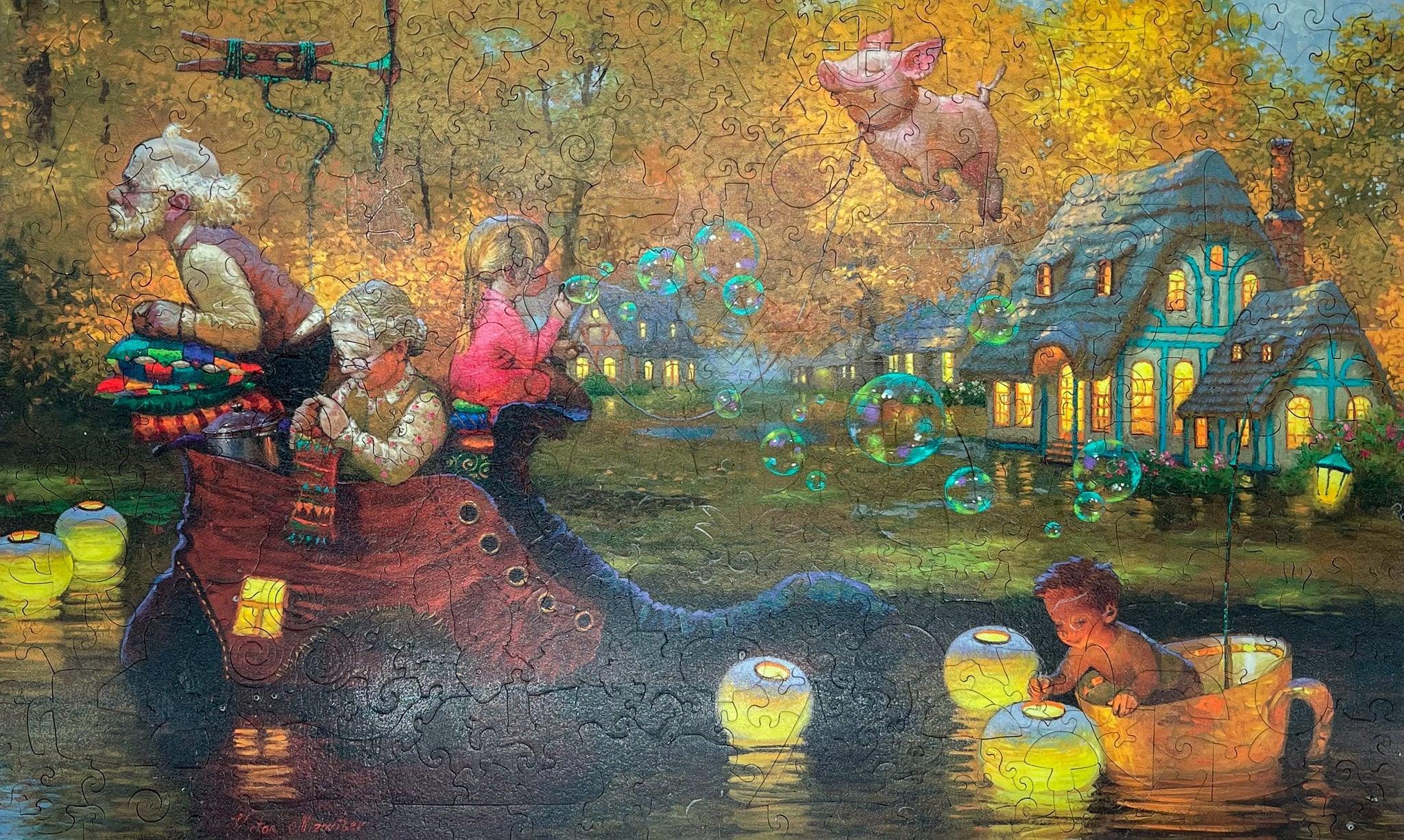 Whimsical scene with elderly man, children, and lanterns on water, glowing cottage, flying pig