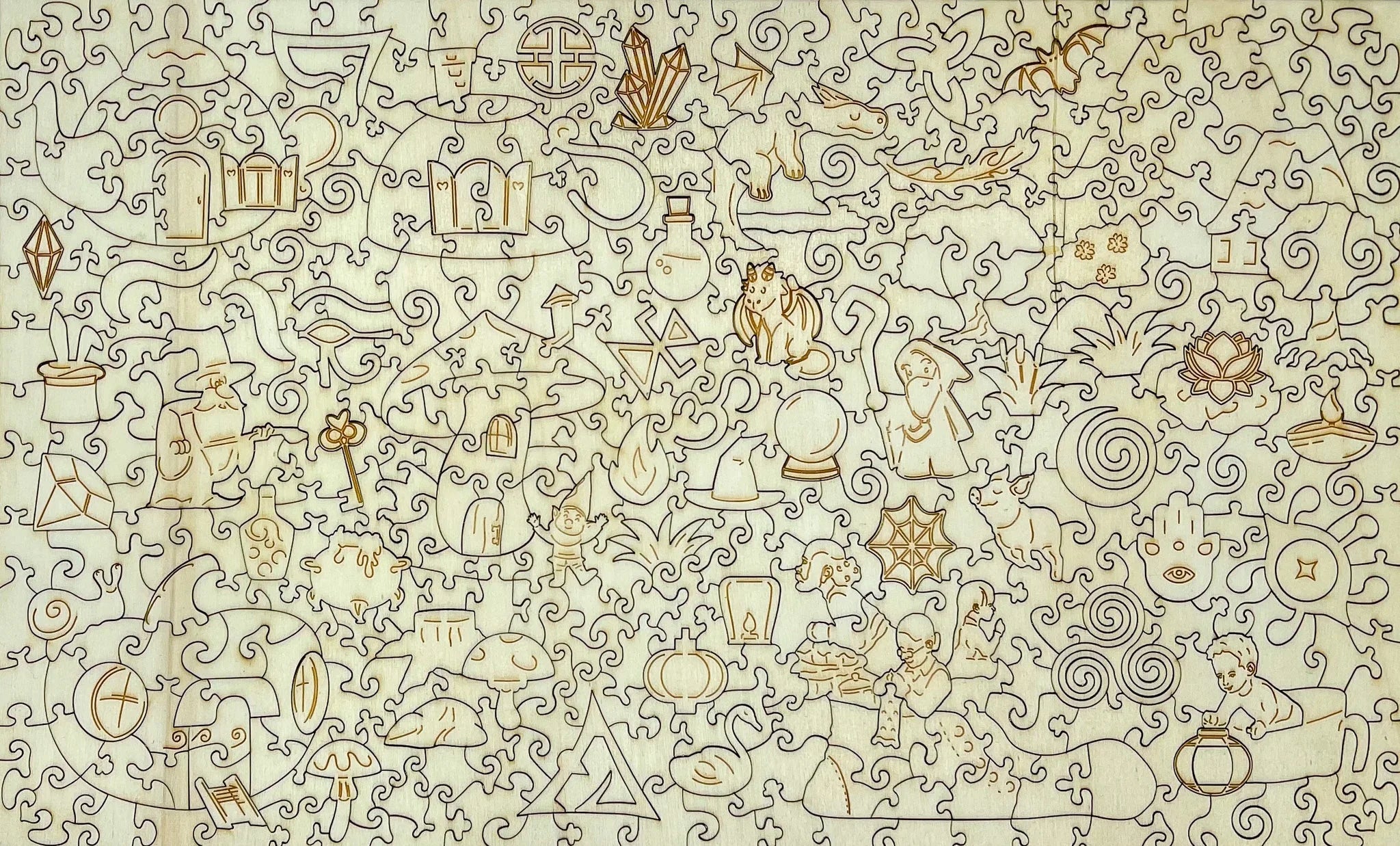 Laser-cut wooden jigsaw puzzle featuring fantasy wizard, dragon, potions, and magic symbols