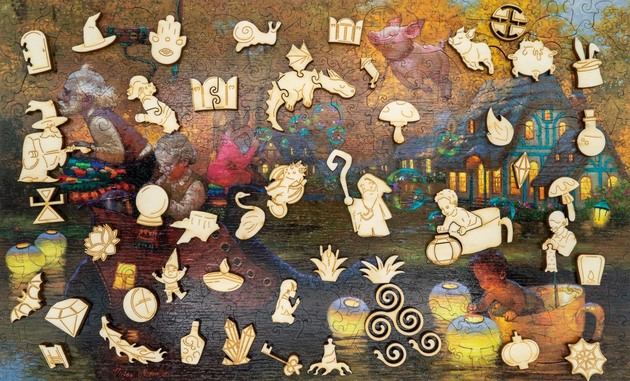 Wooden fantasy-themed puzzle pieces on a colorful storybook illustration background