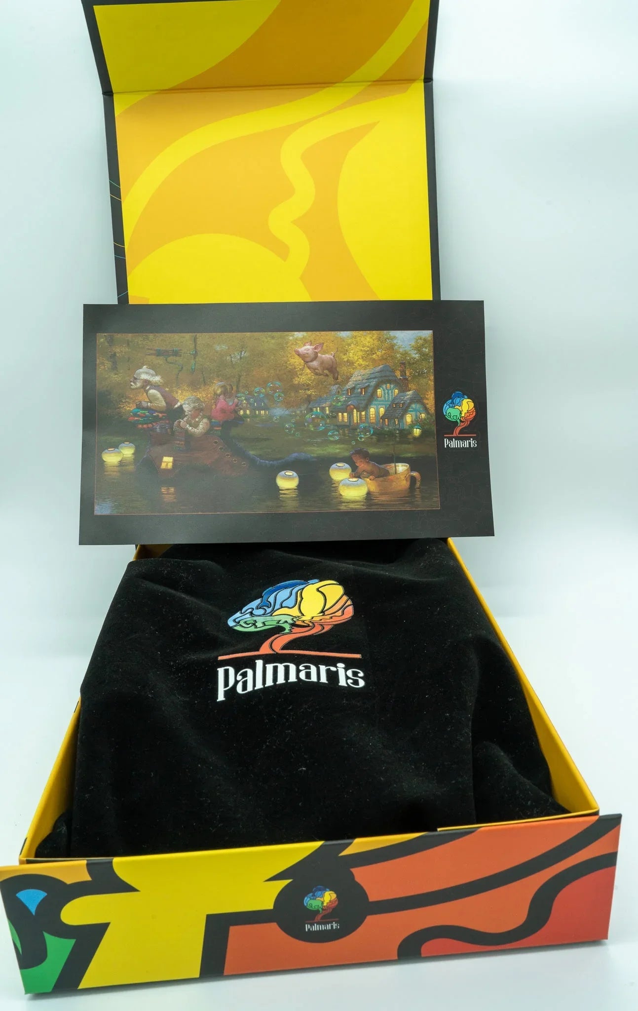 Palmaris gift box with colorful brain logo, black fabric pouch, and whimsical art card