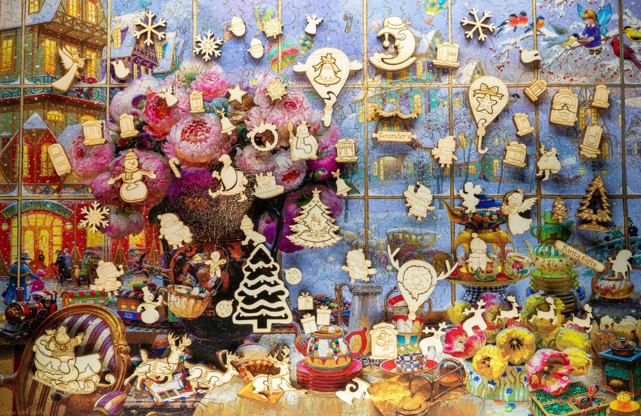 Christmas wooden ornaments on a festive puzzle with flowers, candy, and holiday scene
