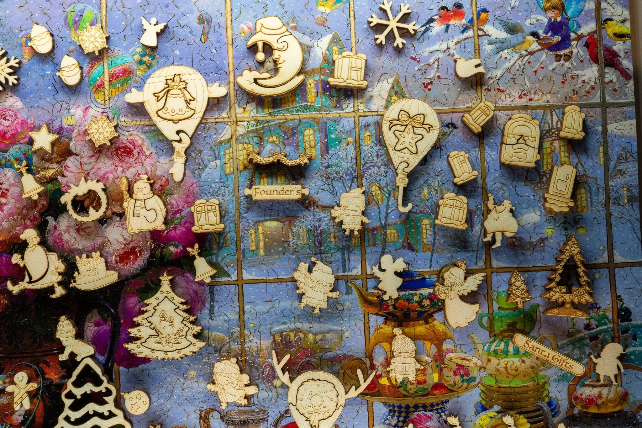 festive wooden Christmas puzzle pieces on a colorful winter background with flowers and teapots