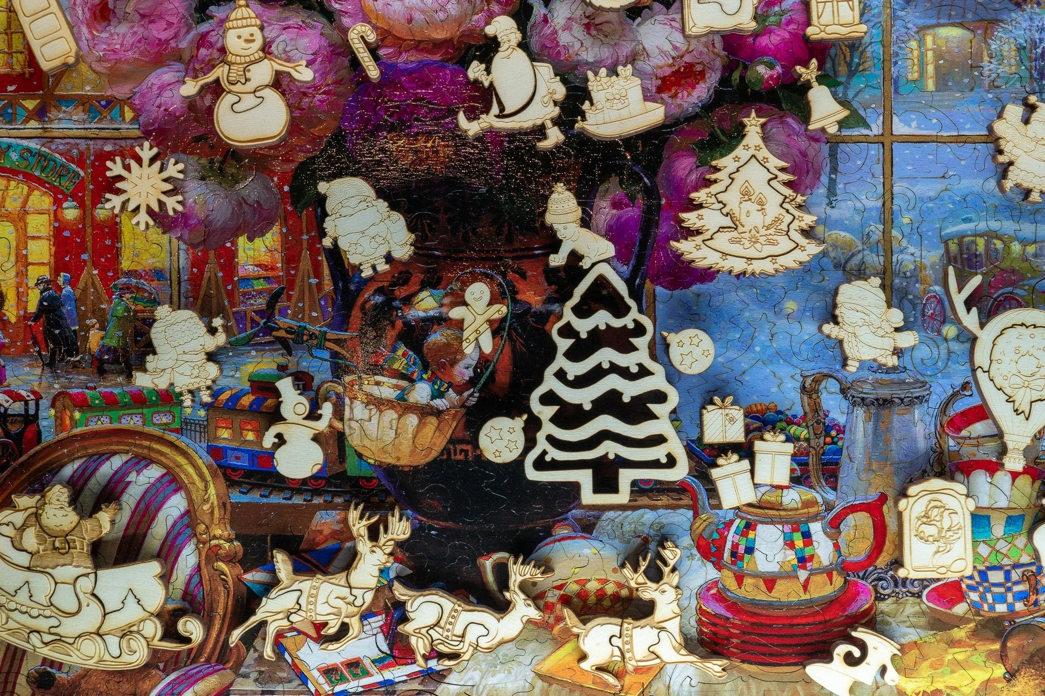 Christmas wooden puzzle pieces on colorful festive background with toys, tree, reindeer, teapot