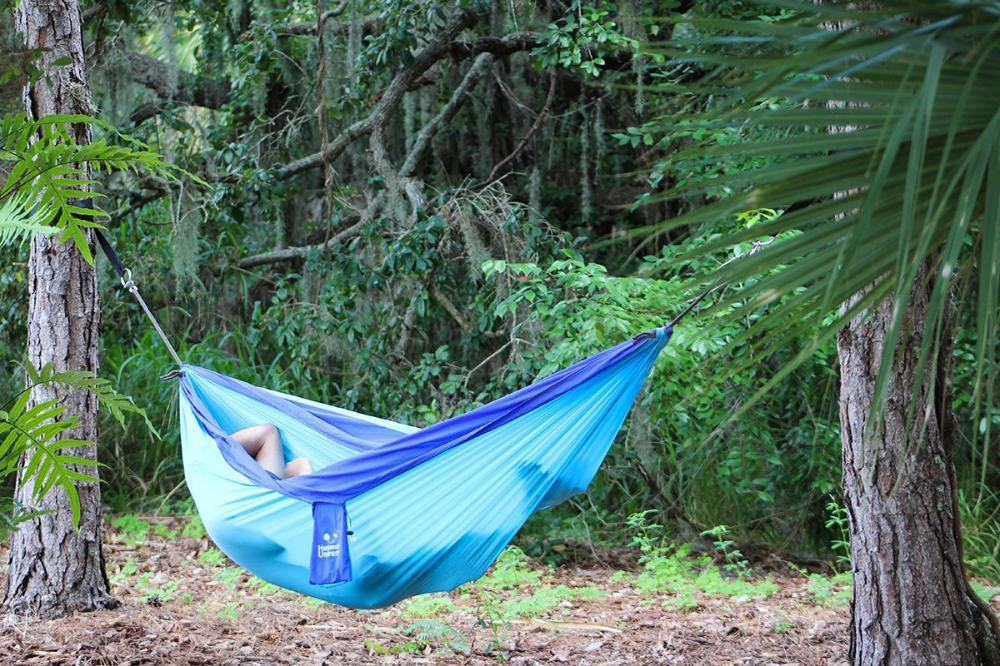 Double blue parachute hammock hanging between trees in a lush forest setting