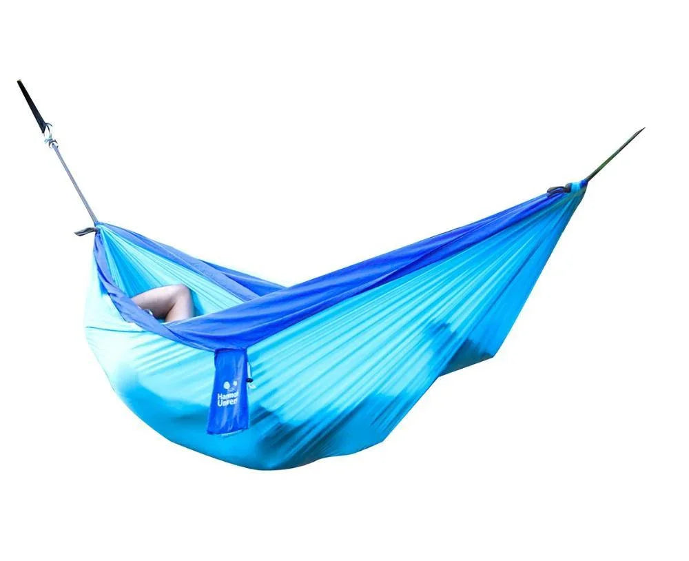 Double blue Expedition parachute hammock with person inside, Hammock Universe brand