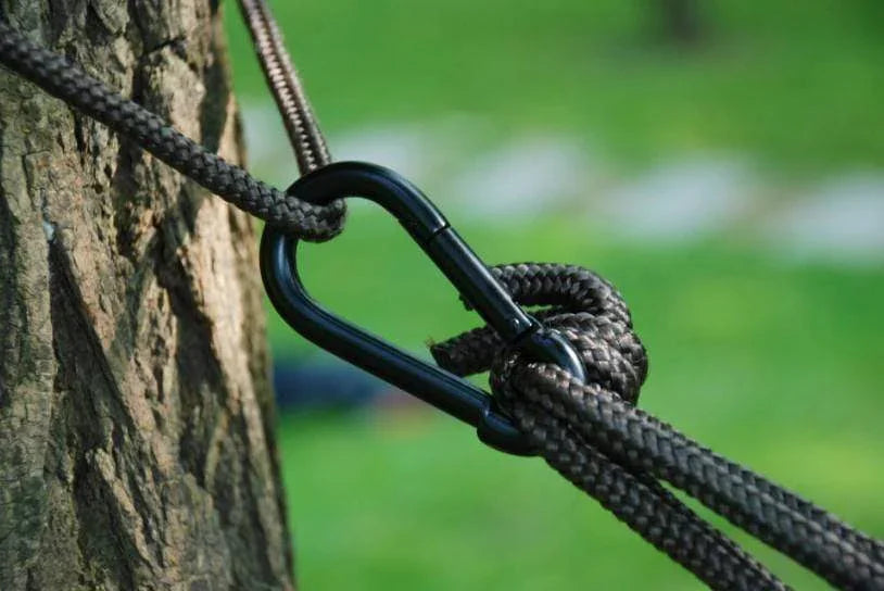 Black carabiner and rope secured to tree for outdoor hammock setup