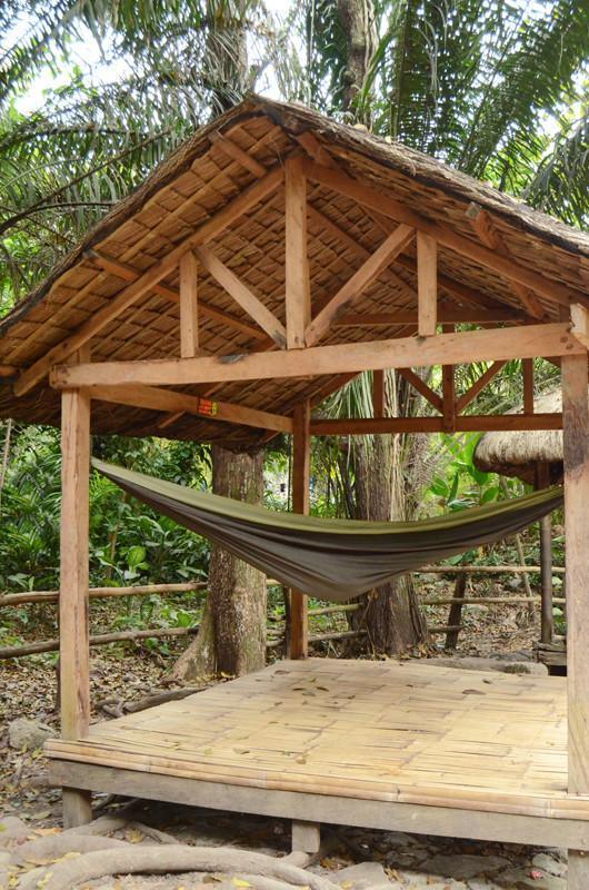 Rustic bamboo hut with thatched roof and green hammock in tropical forest setting