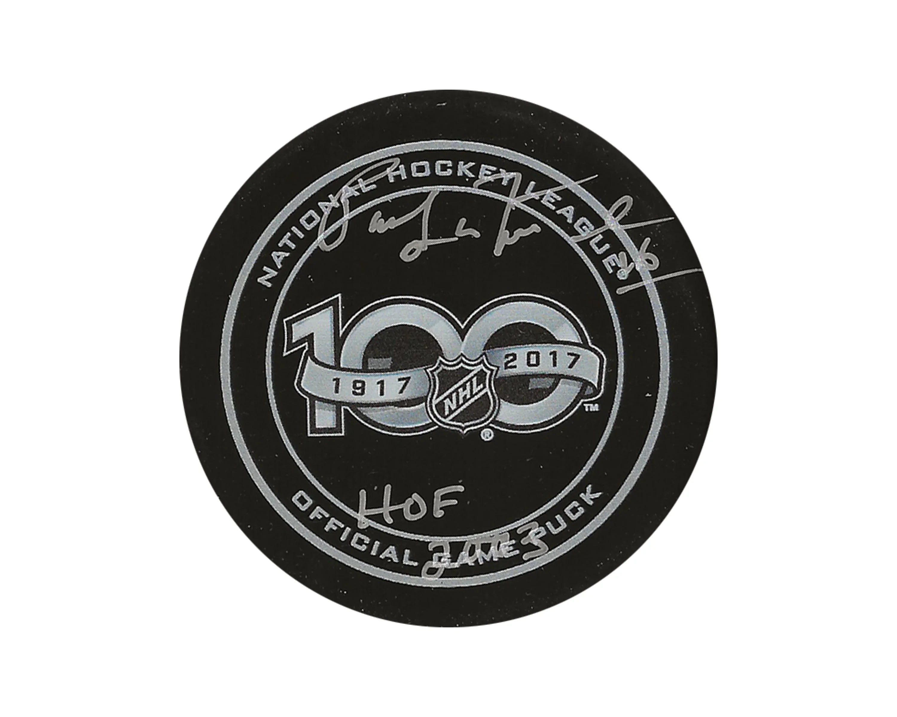 NHL 100th anniversary official game puck with silver signatures and logos, 1917-2017
