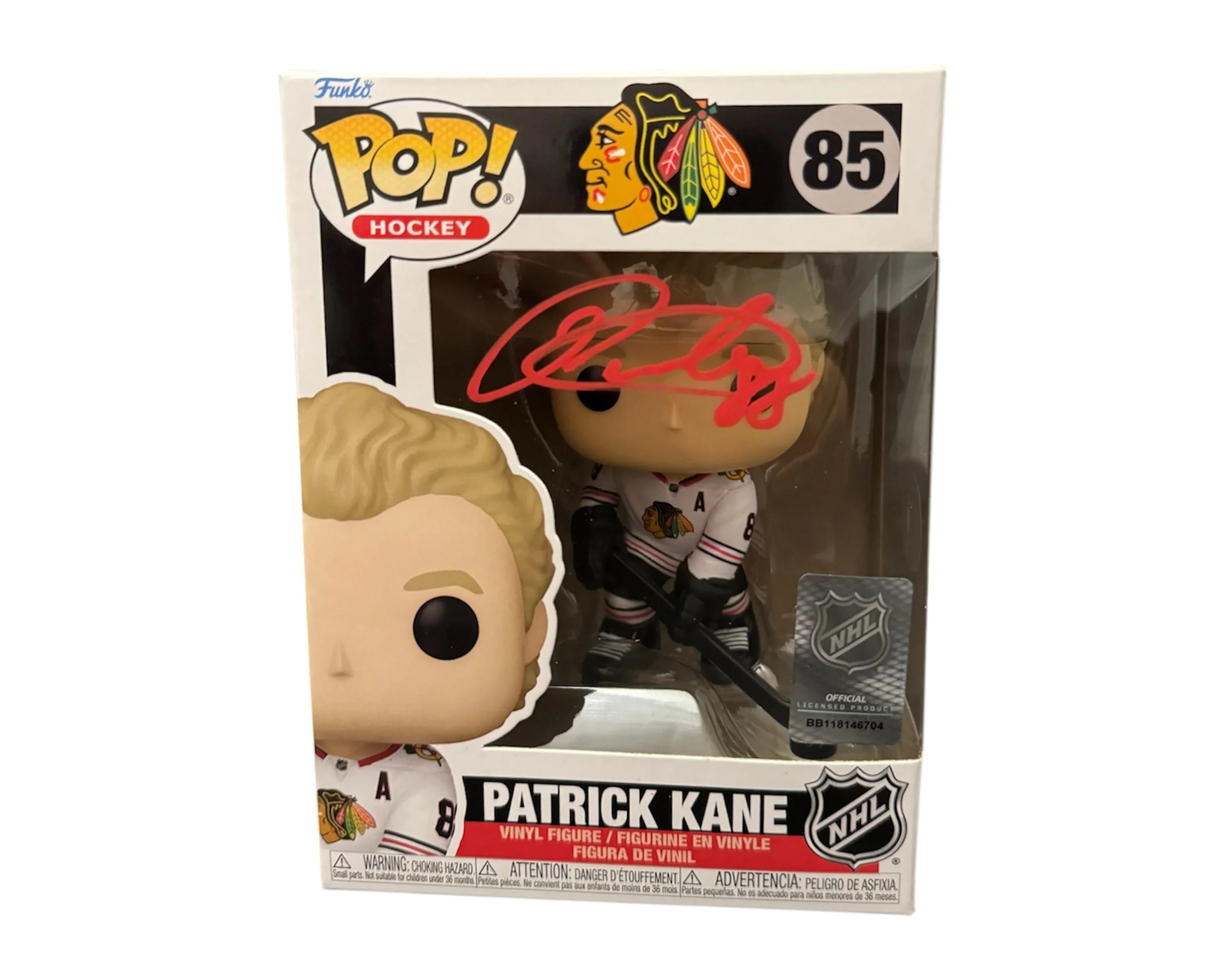 Patrick Kane Funko Pop vinyl figure in Chicago hockey uniform, NHL collectible in box