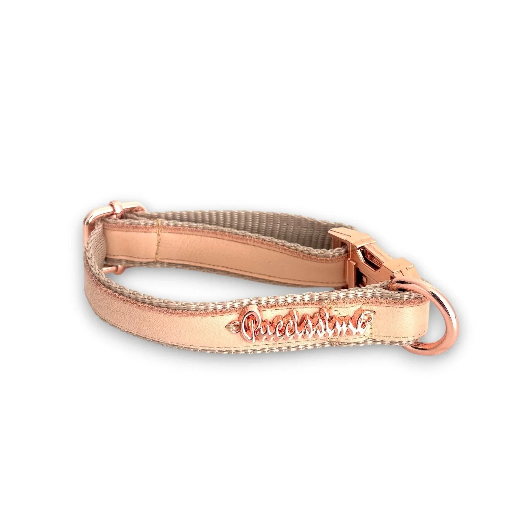 Rose gold reflective dog collar with Purcissimo logo and metal buckle on white background