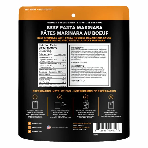 Back of freeze-dried beef pasta marinara pouch showing nutrition facts, ingredients, and instructions