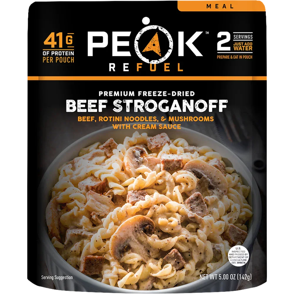 Peak Refuel beef stroganoff freeze-dried meal with beef, rotini noodles, and mushrooms.