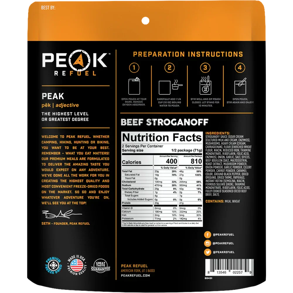 Back of Peak Refuel Beef Stroganoff freeze-dried meal package with nutrition facts and ingredients.