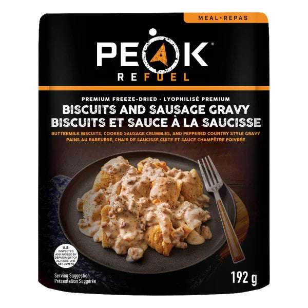 Peak Refuel Biscuits and Sausage Gravy freeze-dried meal package with plated food image