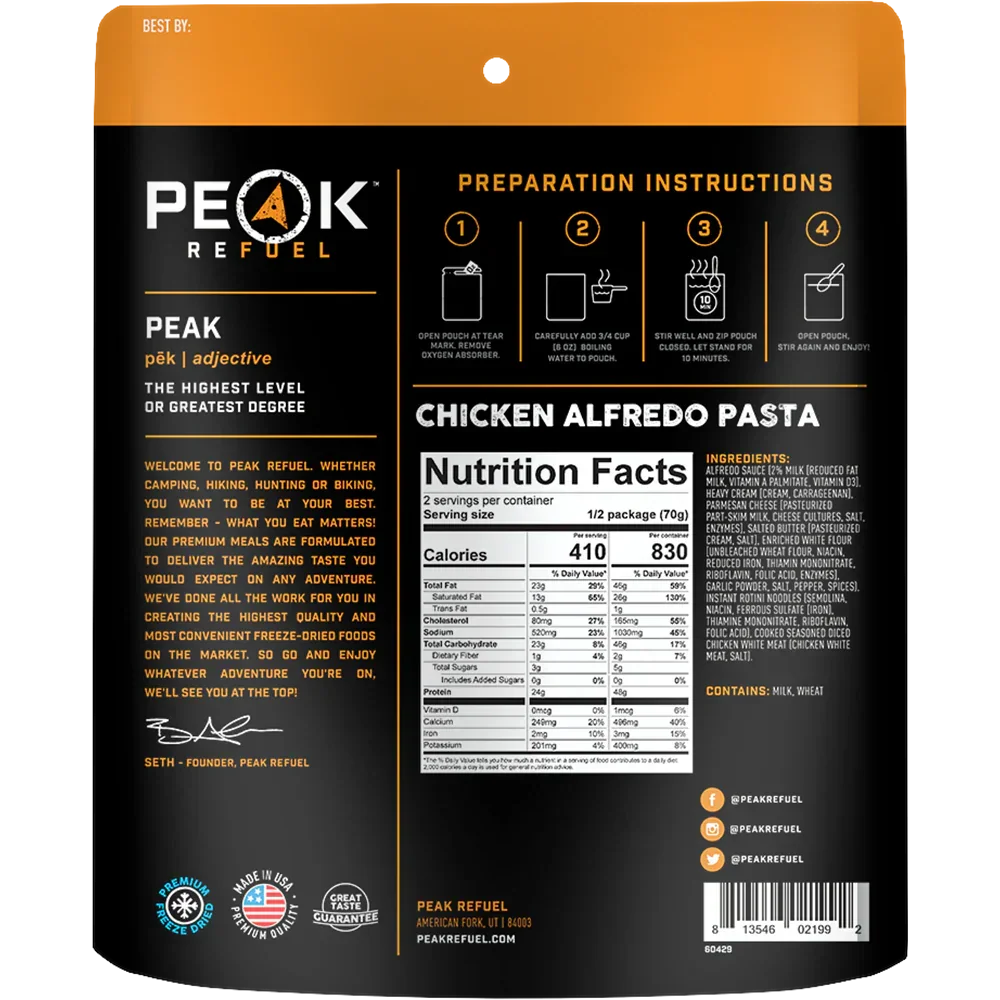 Peak Refuel Chicken Alfredo Pasta freeze-dried meal packaging with nutrition facts and preparation instructions.