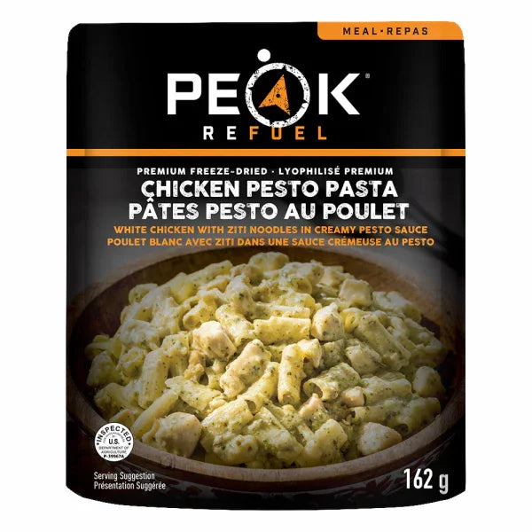 Peak Refuel Chicken Pesto Pasta freeze-dried meal pouch with image of pasta and chicken