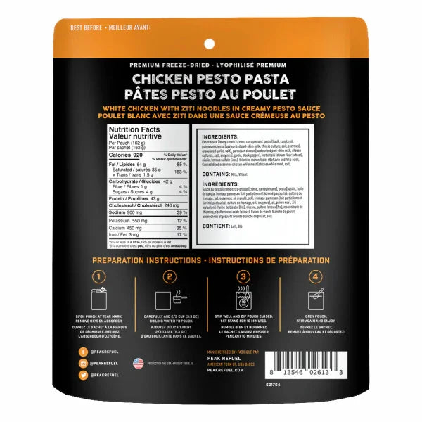 Back of chicken pesto pasta freeze-dried meal bag showing nutrition facts, ingredients, instructions.