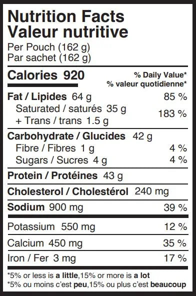 Nutrition facts label for 162 g pouch, 920 calories, high fat, protein, sodium, bilingual English French.