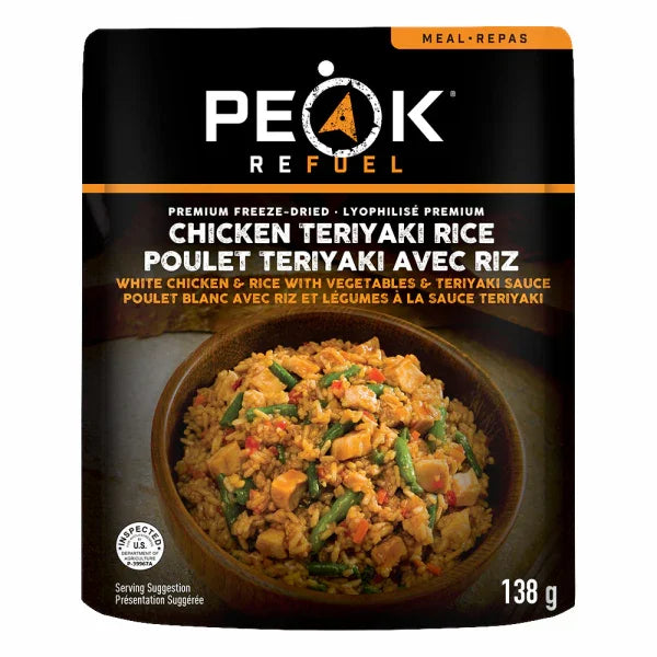 Peak Refuel Chicken Teriyaki Rice freeze-dried meal package front with rice and vegetables.