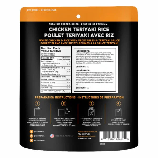 Back of Chicken Teriyaki Rice freeze-dried food package with nutrition facts, ingredients, and instructions.