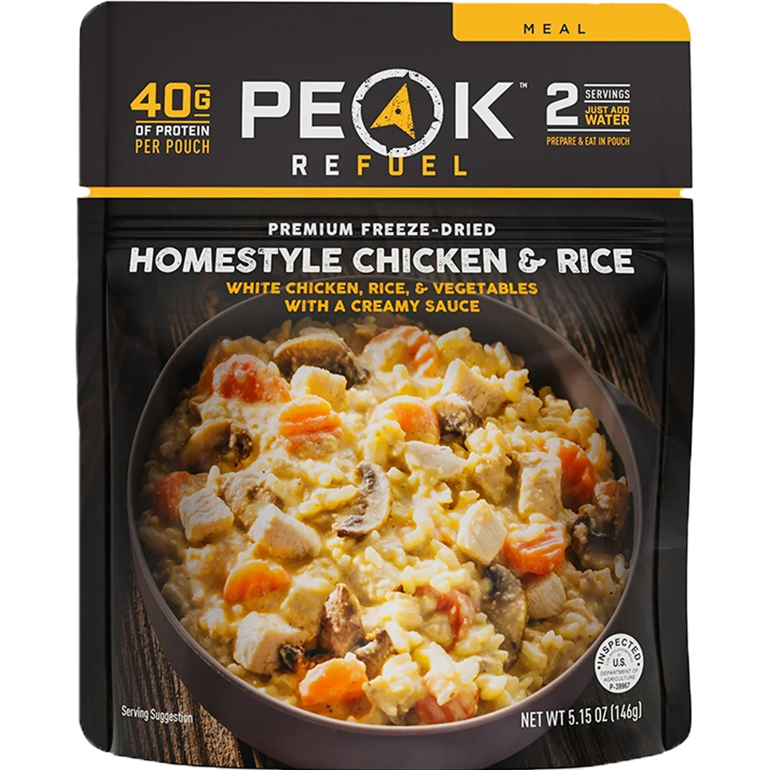 Peak Refuel Homestyle Chicken & Rice freeze-dried meal pouch front view