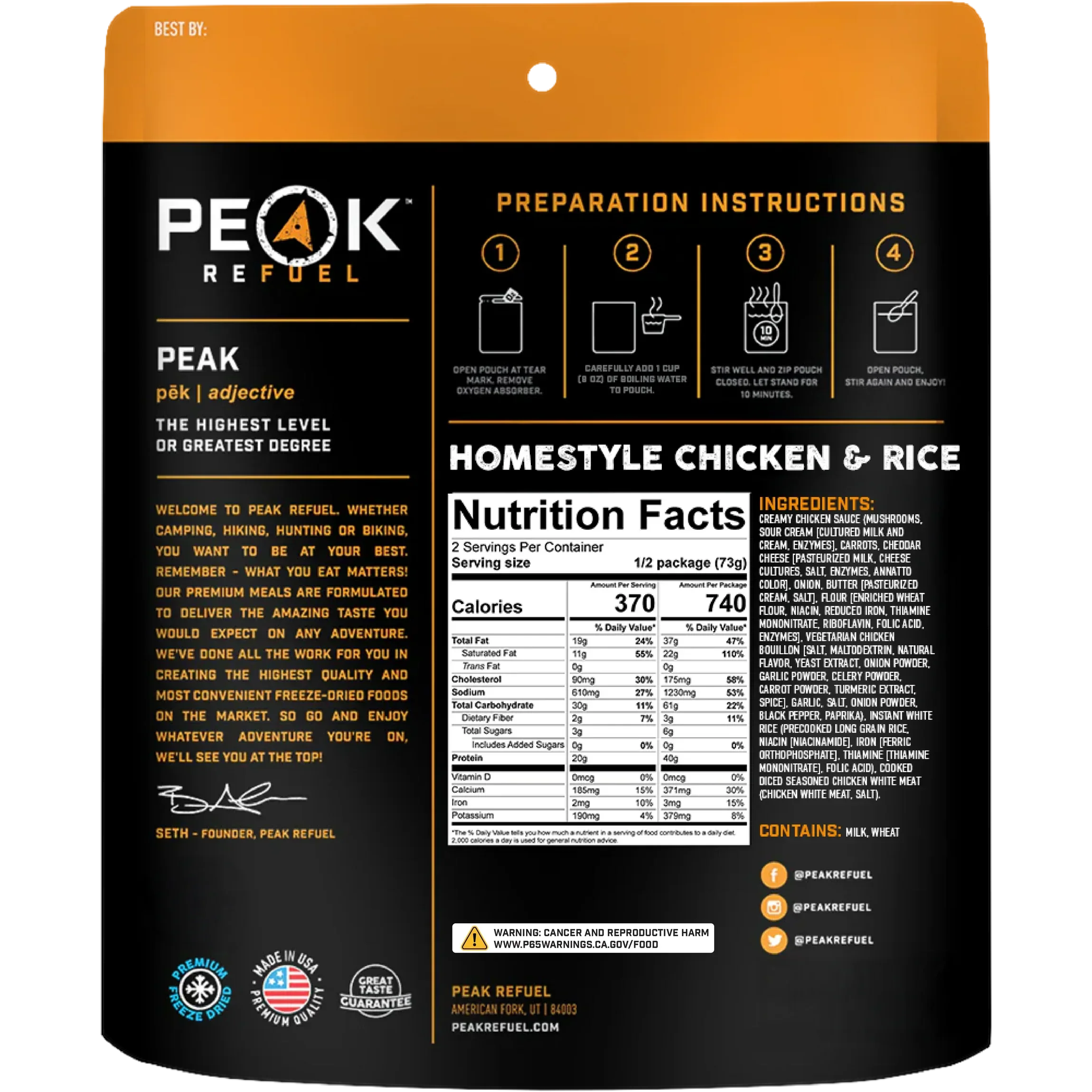 Back of Peak Refuel Homestyle Chicken & Rice freeze-dried meal pouch showing nutrition facts, ingredients, and preparation instructions.