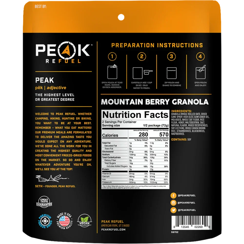 Peak Refuel Mountain Berry Granola bag back with nutrition facts, ingredients, and instructions