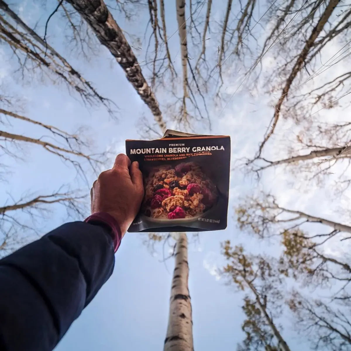 Hand holding Mountain Berry Granola outdoors with tall birch trees and blue sky background