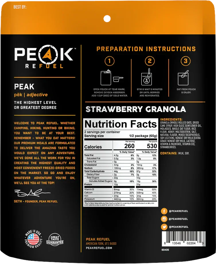 Peak Refuel Strawberry Granola back packaging with nutrition facts and ingredients
