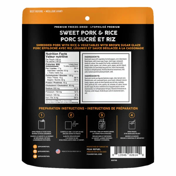 Back of Sweet Pork & Rice freeze-dried meal pouch with nutrition facts and prep instructions