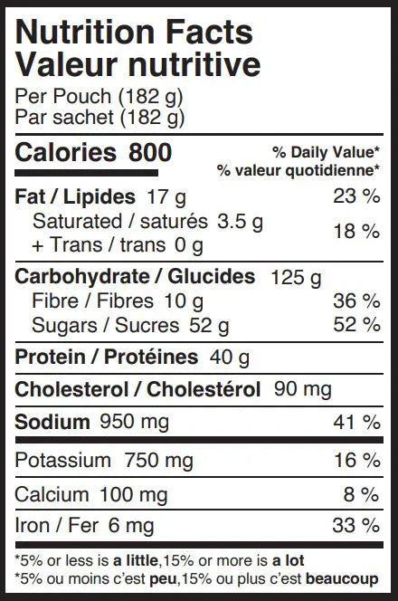 Nutrition facts label showing calories, fat, carbs, protein, and vitamin amounts per pouch.