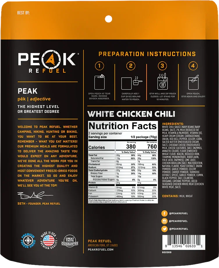 Peak Refuel White Chicken Chili freeze-dried meal package back with nutrition facts and ingredients.