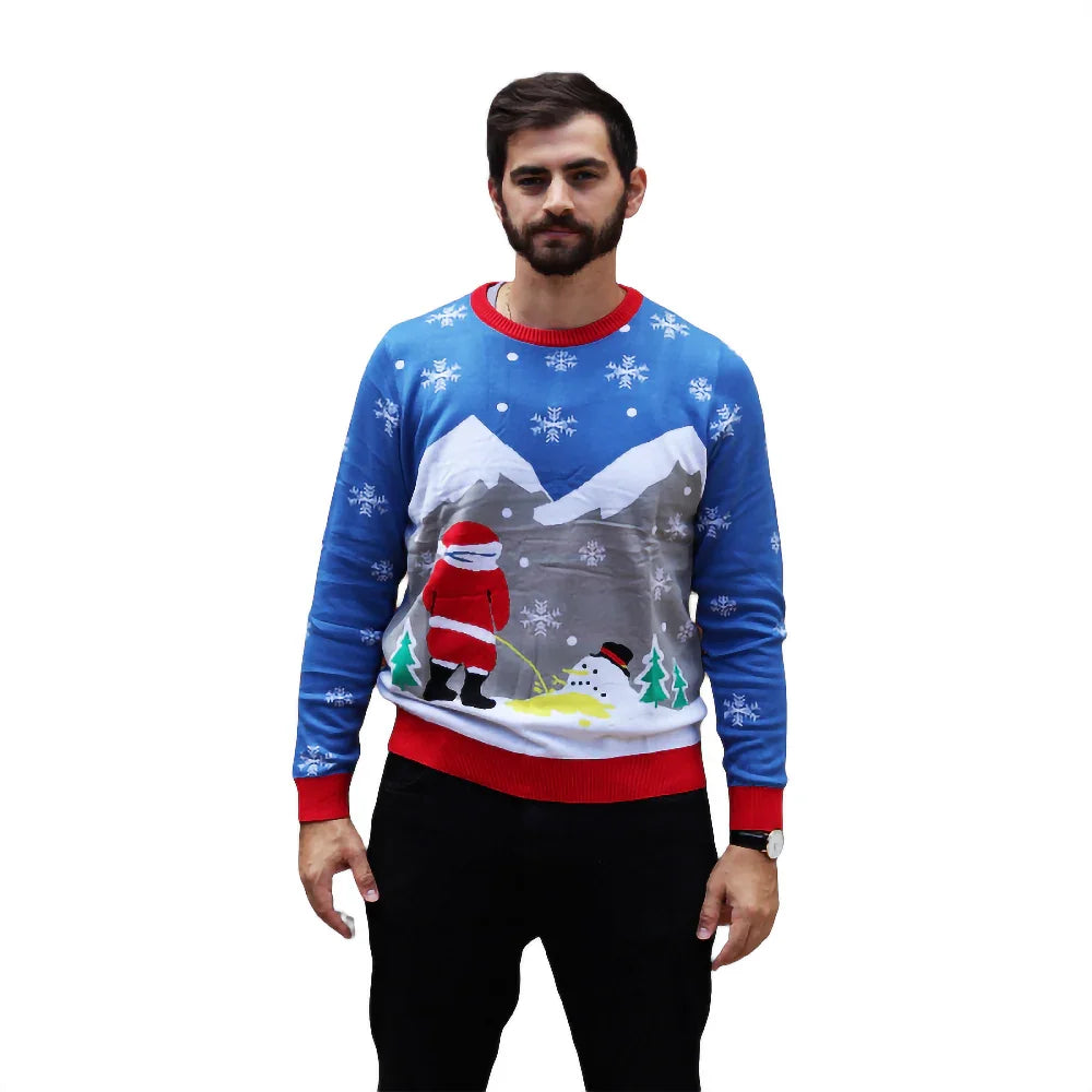 Man wearing funny Santa ugly Christmas sweater with snowy mountain scene