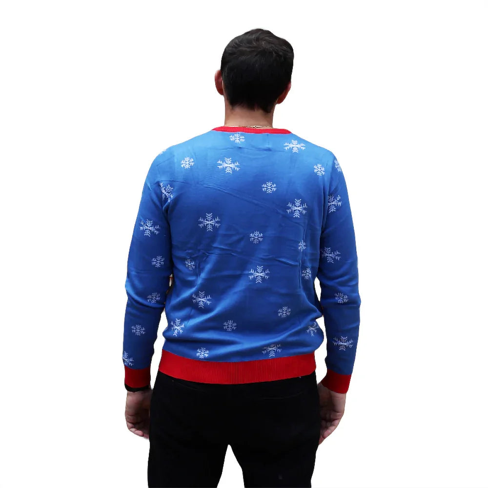 Man wearing blue Christmas sweater with white snowflakes, red accents, viewed from behind
