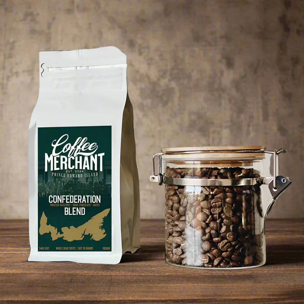 PEI Coffee Merchant Confederation Blend medium roast coffee bag beside jar of coffee beans