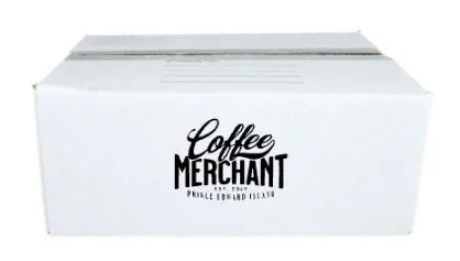 Coffee Merchant Prince Edward Island branded white shipping box on plain background