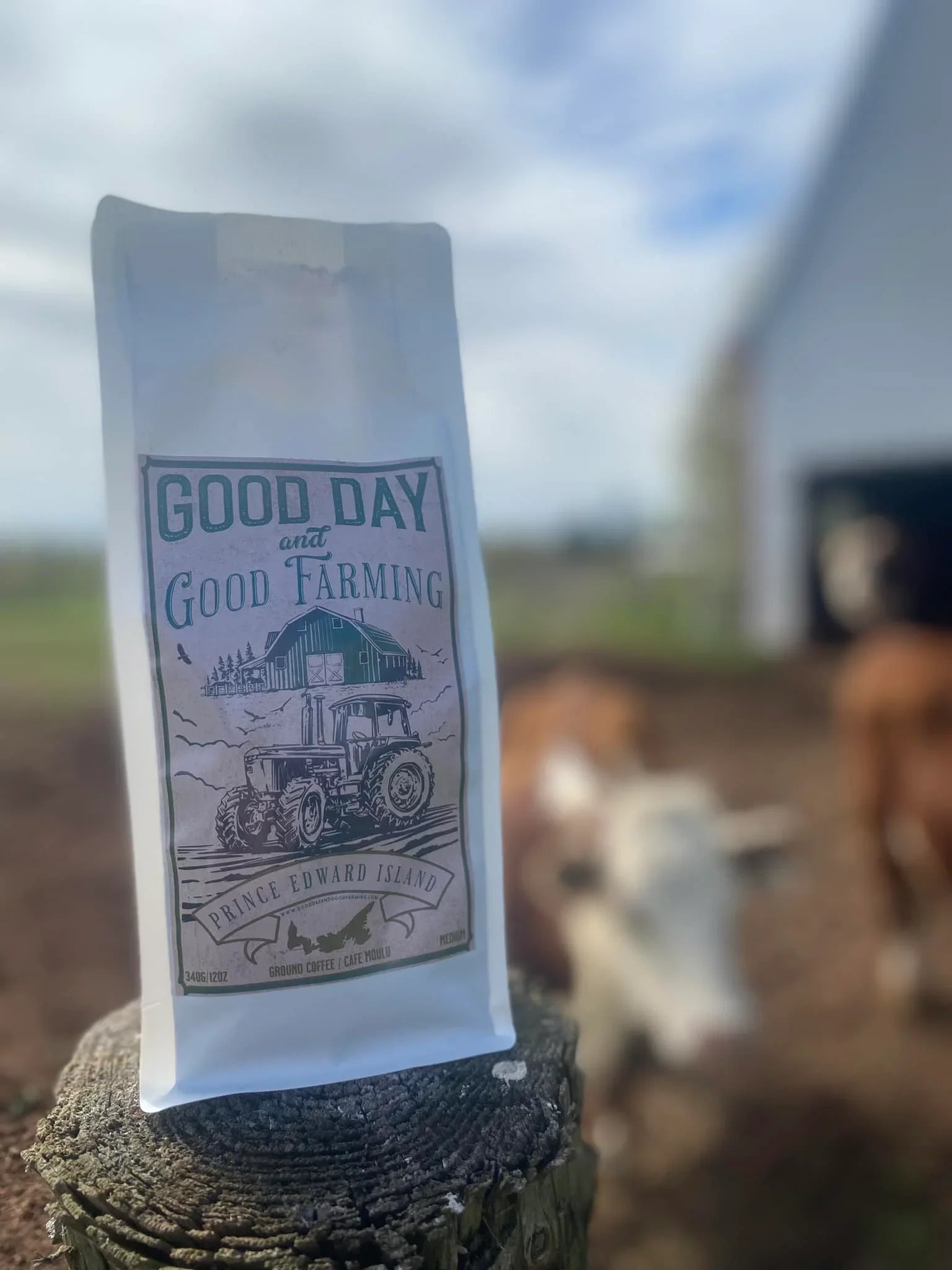 Bag of Prince Edward Island ground coffee labeled 'Good Day and Good Farming' on a farm post