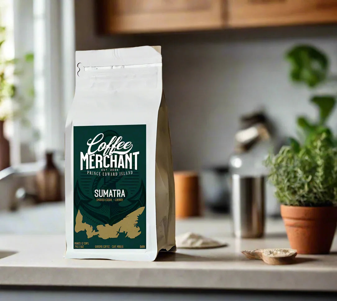 Coffee Merchant Sumatra whole bean coffee bag on kitchen counter with plants