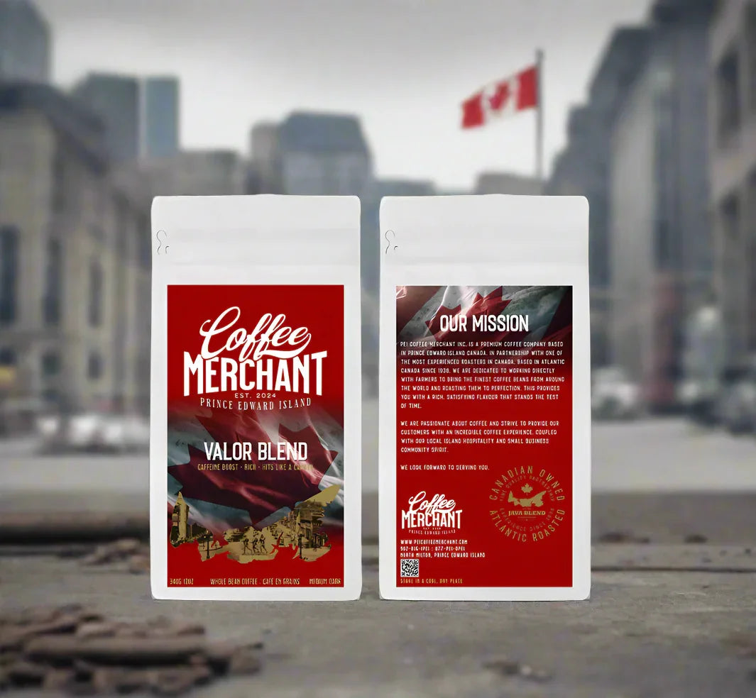 Coffee Merchant Valor Blend coffee bags with red Canadian-themed packaging, city and flag background