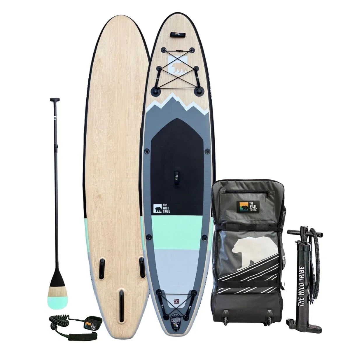 The Wild Tribe Peyto inflatable paddle board set with paddle, pump, leash, and backpack.